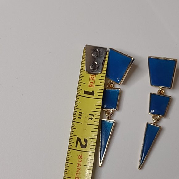 Blue And Gold Tone Metal Long Dangling Triangle Earrings - Picture 7 of 11